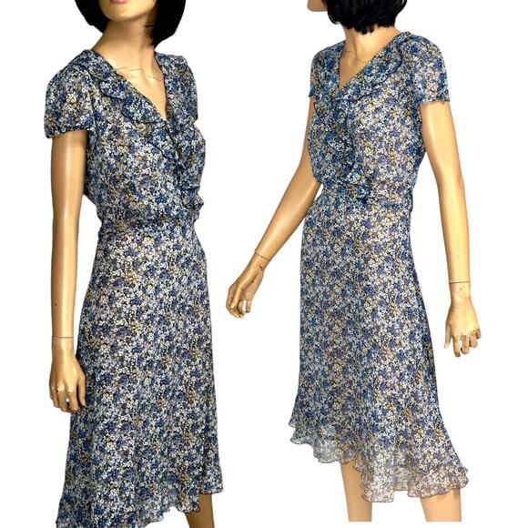 Y2k Midi Dress 8 Sheer Ditsy Floral Chiffon Ethereal Fairy WhimsiGoth Ruffle MSK - Picture 12 of 16